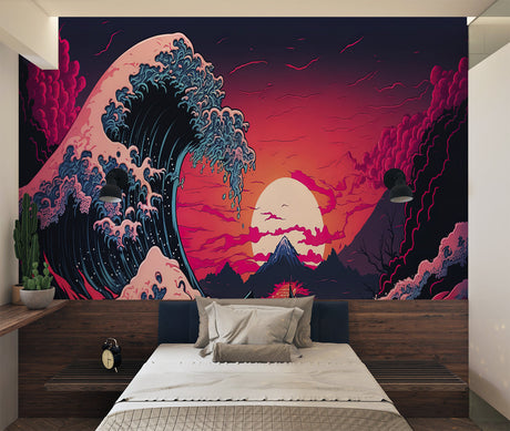 Japanese Wave Wallpaper creating drama in modern living room with white furniture