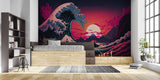 Great Wave Mural adding style to minimal bedroom with natural light