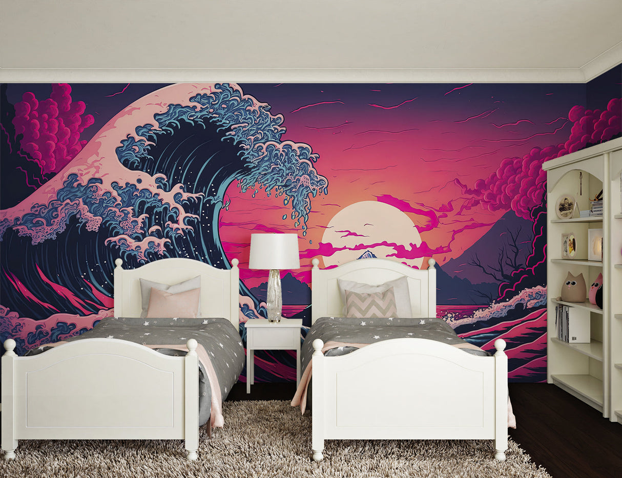Japanese Wave art mural making statement in home office space