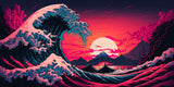 Design file showing detailed Great Wave pattern with Mount Fuji and sunset colors