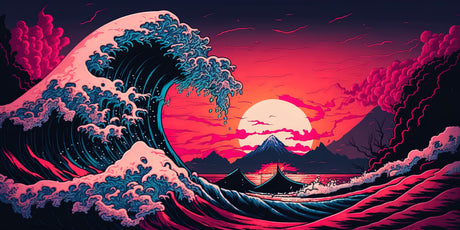 Design file showing detailed Great Wave pattern with Mount Fuji and sunset colors