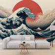 Japanese wave wallpaper creating drama in modern living room with grey sofa and minimal decor
