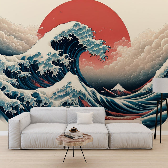Japanese wave wallpaper creating drama in modern living room with grey sofa and minimal decor