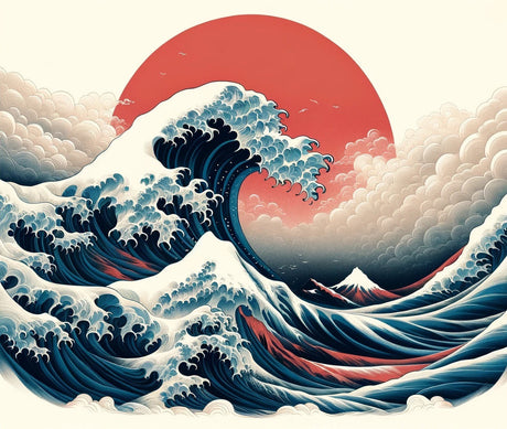 Japanese Great Wave design file showing detailed ocean waves and red sun pattern