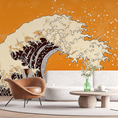 Japanese wave mural wallpaper in orange and black tones creating drama in a modern living room setting
