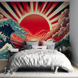 Japanese wave wallpaper creating dramatic focal point in modern living room with grey sofa and minimal decor