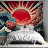 Japanese wave wallpaper creating dramatic focal point in modern living room with grey sofa and minimal decor