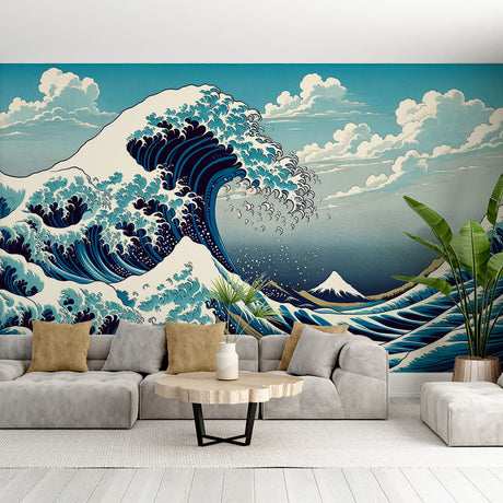 Japanese Wave Mural Wallpaper creating a dramatic accent wall in a modern minimalist living room with natural lighting