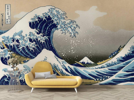 Japanese Wave Mural Wallpaper creating dramatic impact in modern living room, deep blues against light walls
