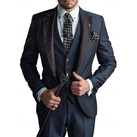 Luxury Three-Piece Suit  Burgundy Satin with Black Lapels - Product detail 12