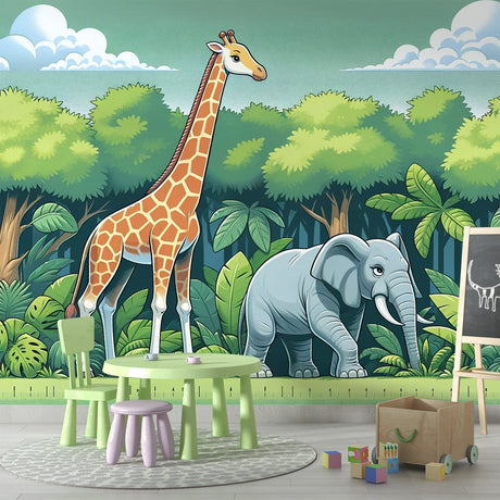 Jungle Animals Mural Wallpaper bringing safari magic to a bright nursery, with cartoon giraffe and elephant friends