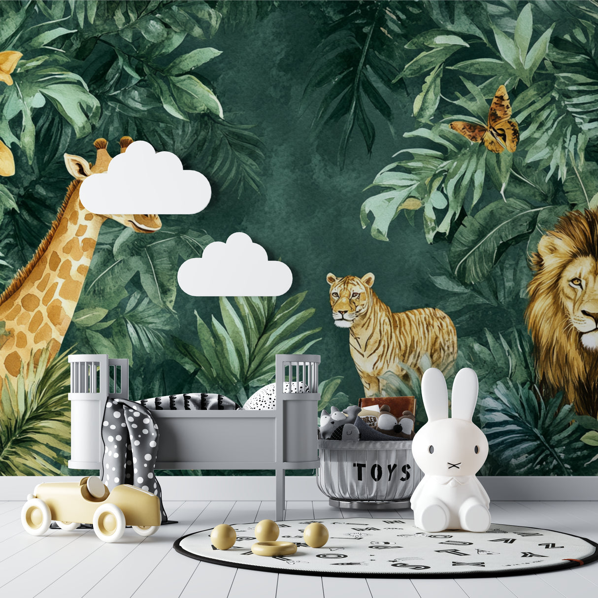 Jungle Animals Wallpaper creating a cozy reading nook in a modern nursery, with soft lighting highlighting the lion and tiger