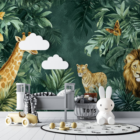 Jungle Animals Wallpaper creating a cozy reading nook in a modern nursery, with soft lighting highlighting the lion and tiger