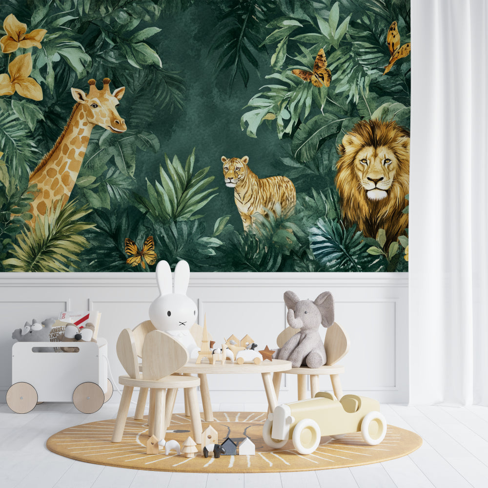 Safari Wallpaper Mural brightening up a child's bedroom, showing full wall installation with jungle scene