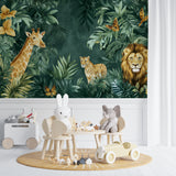 Safari Wallpaper Mural brightening up a child's bedroom, showing full wall installation with jungle scene