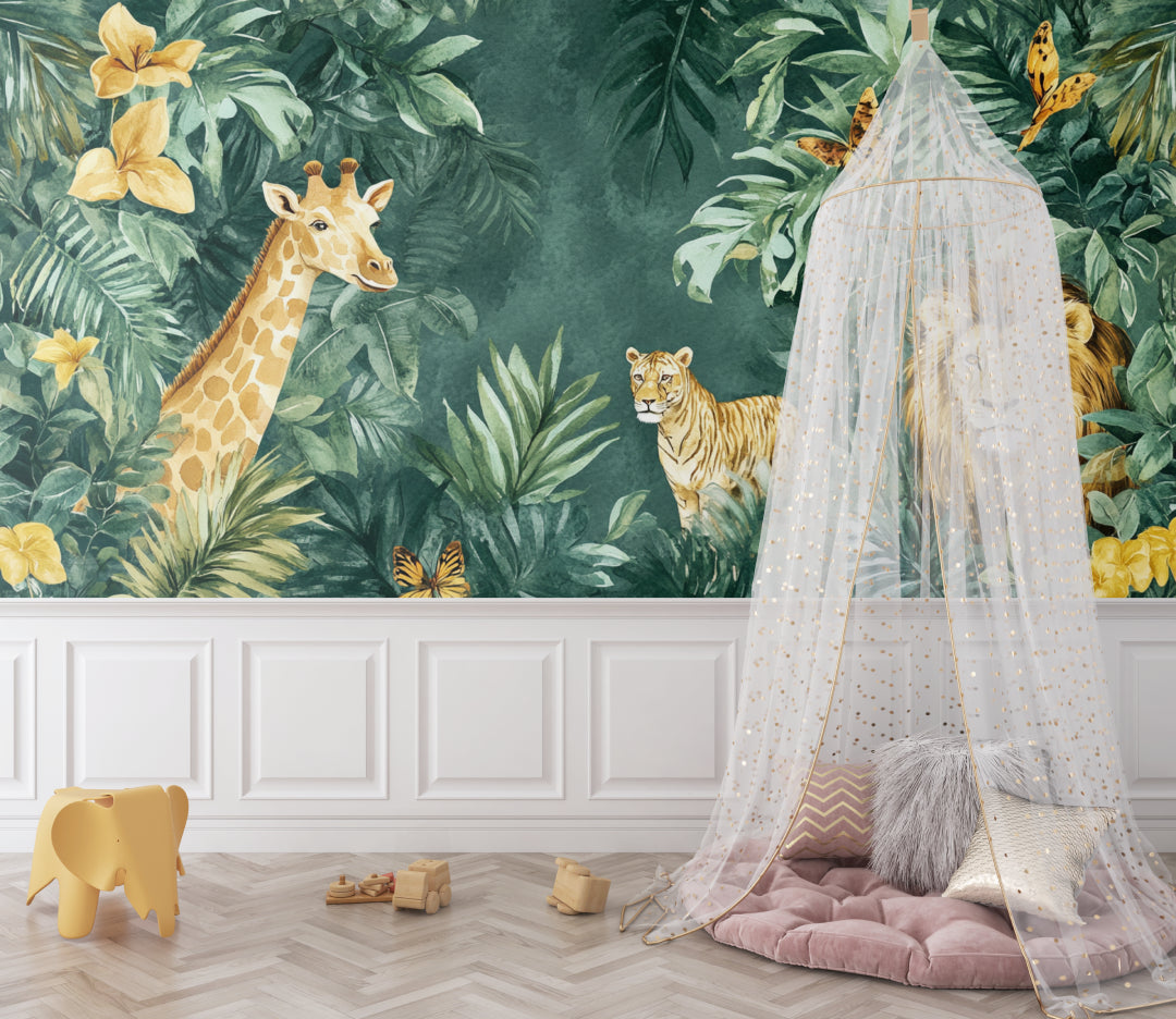 Jungle Safari Wallpaper transforming a baby's room into a gentle wildlife adventure