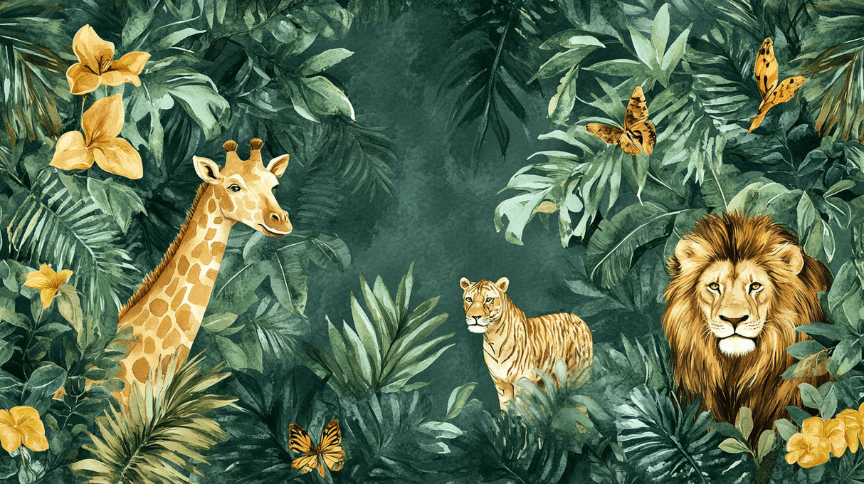 Detailed design file showing the complete jungle animals pattern with lion, tiger, and tropical elements