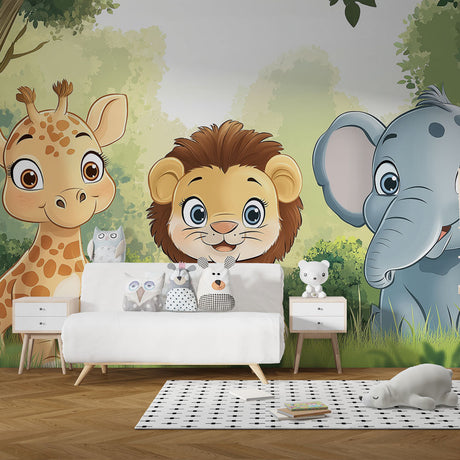 Jungle Animals Wallpaper creating a cozy atmosphere in a modern nursery with soft natural lighting and wooden furniture