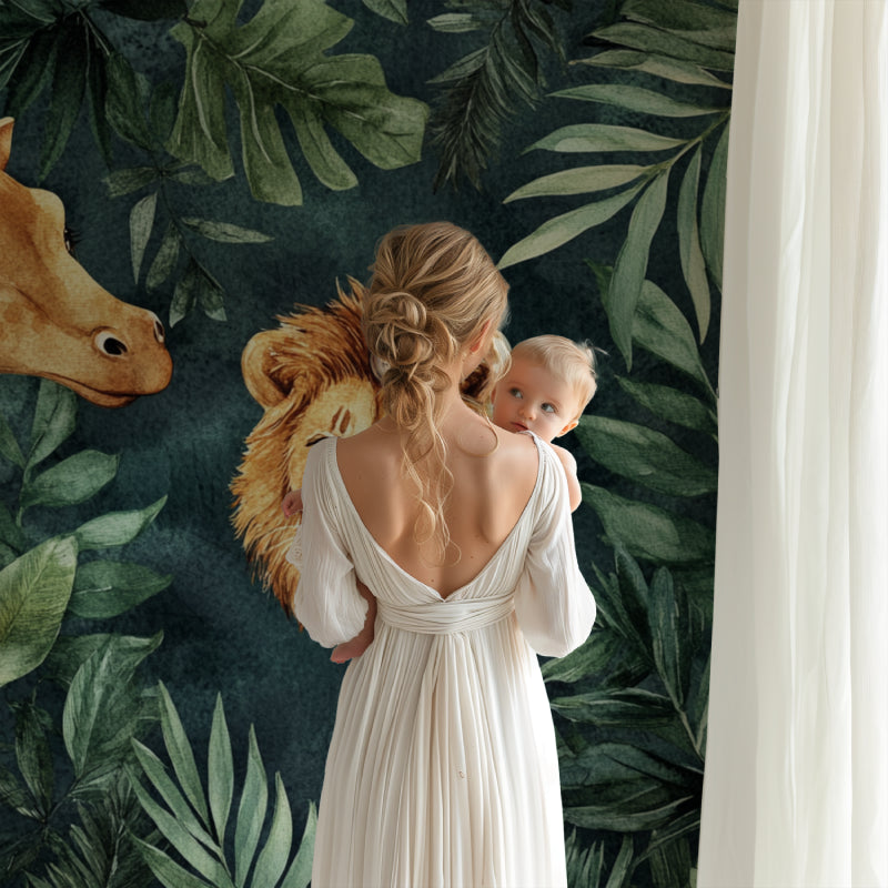 Jungle animals mural adding warmth to a modern kids room with safari theme