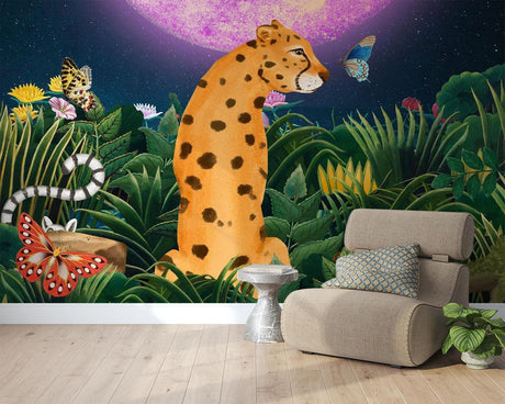 Leopard jungle wallpaper in a modern living room creating a bold accent wall with purple moonlight glow