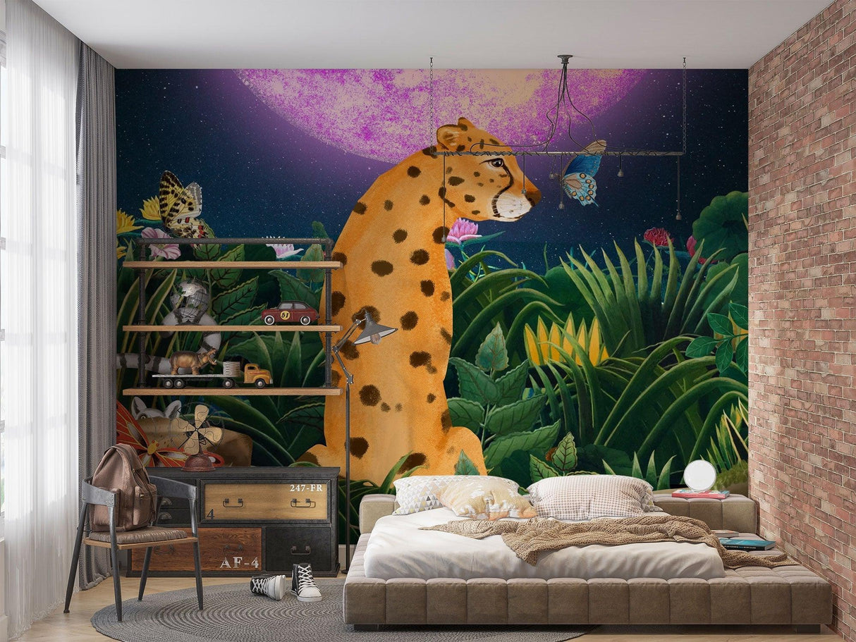 Children's bedroom with magical leopard wallpaper mural showing bedtime story corner