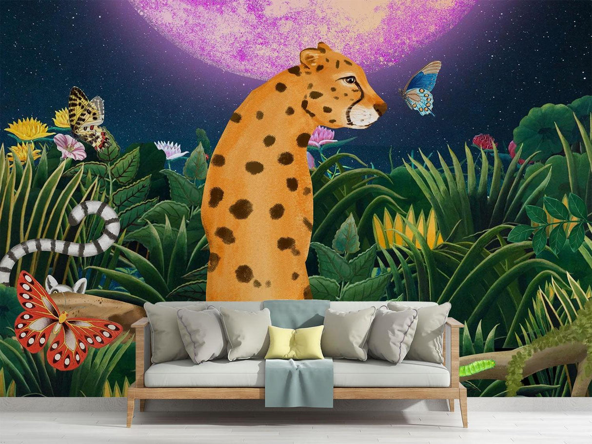 Home office featuring jungle animals wallpaper creating an inspiring workspace
