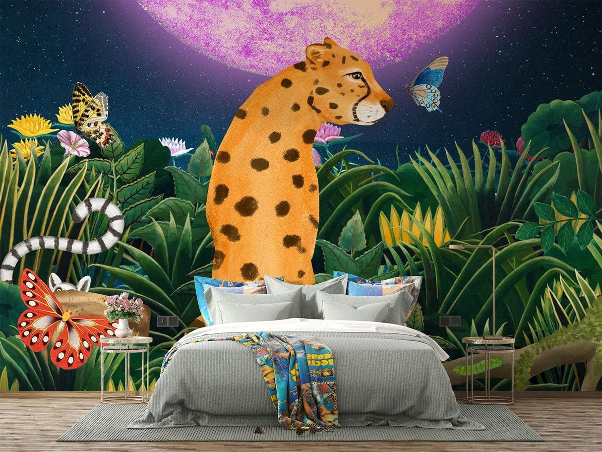 Playroom decorated with leopard night scene mural showing reading nook