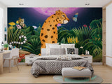 Teen bedroom showcasing leopard mural wallpaper with modern furniture
