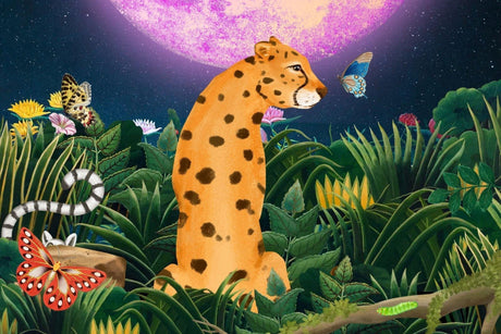Leopard night scene wallpaper design file showing intricate details and rich purple moon glow