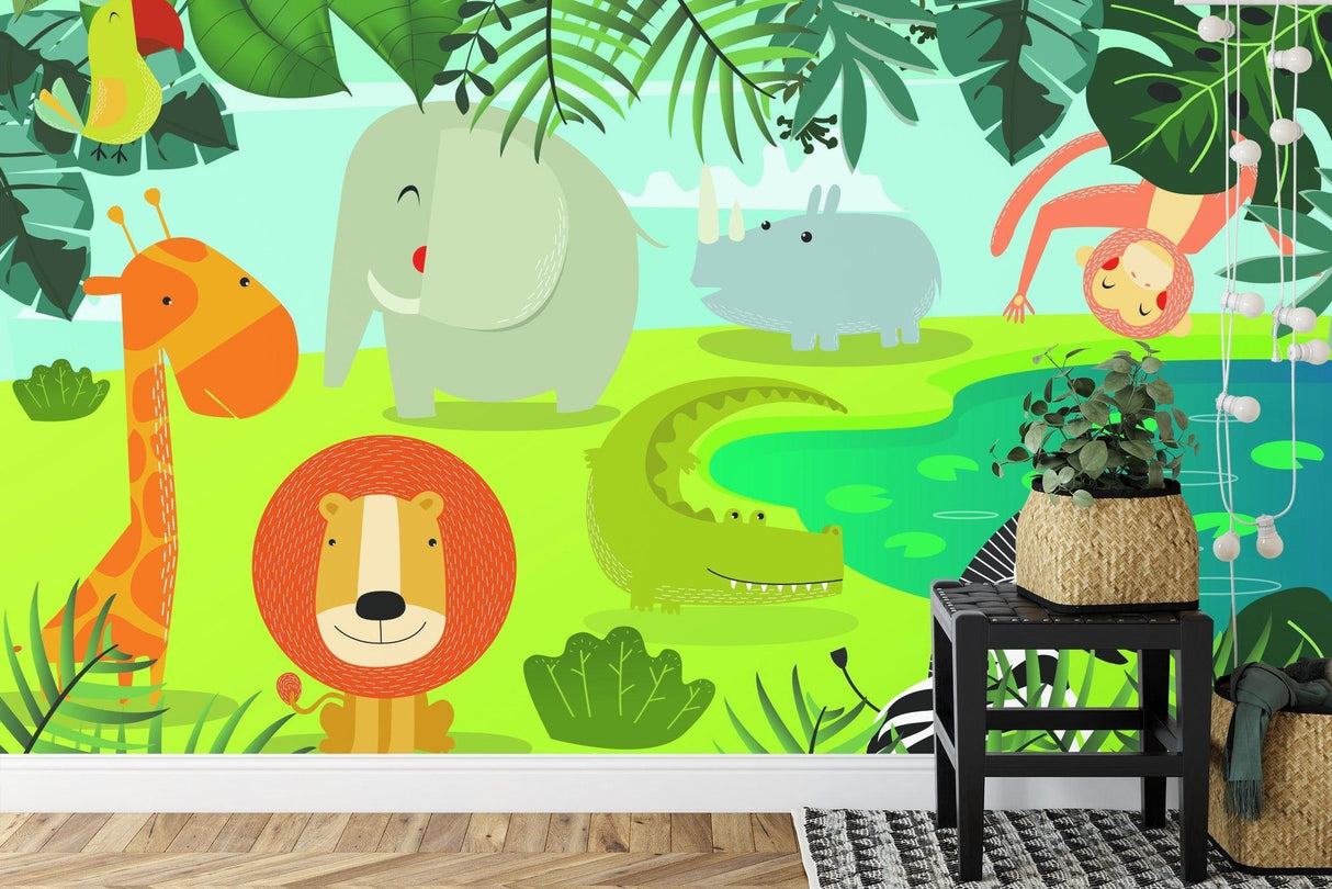 Jungle Animals Wallpaper creating a fun safari atmosphere in a bright nursery with colorful accents