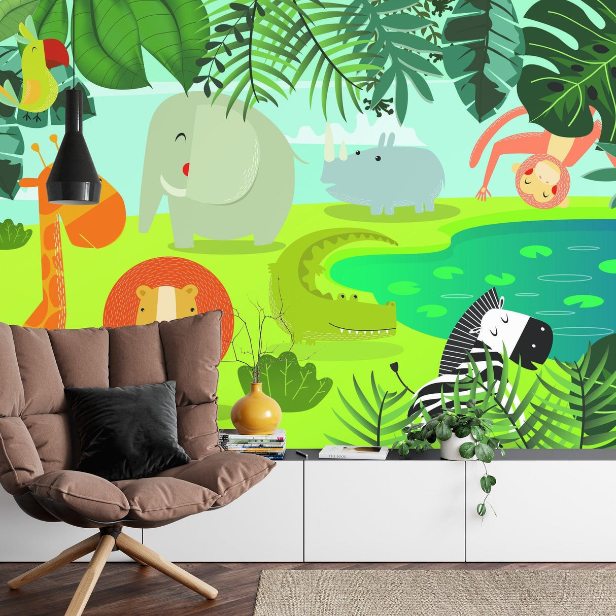 Safari Animals Wallpaper bringing life to a modern playroom with natural lighting