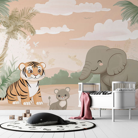 Jungle Animals Mural Wallpaper creating a cozy reading nook in a modern nursery, with soft lighting highlighting the pastel safari scene
