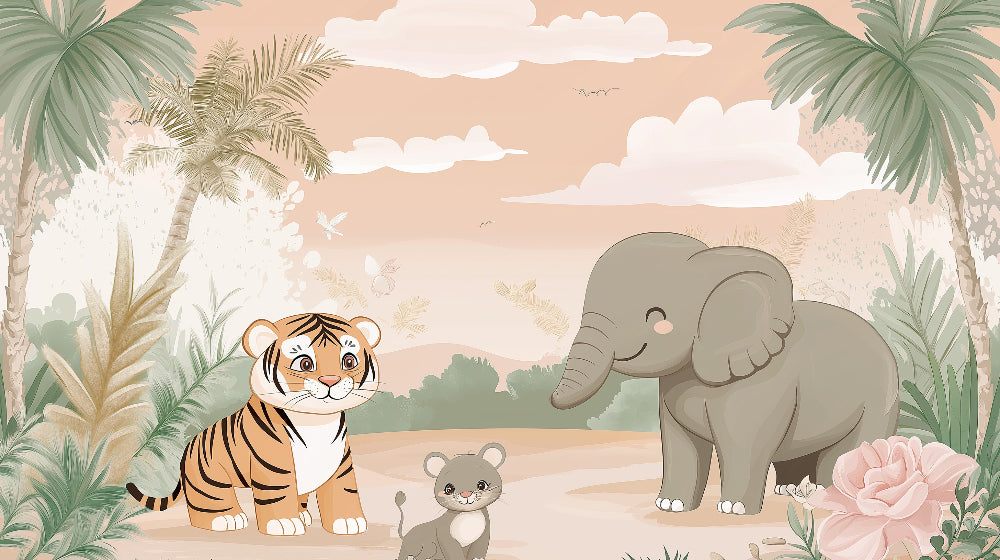Safari Animals Wallpaper design file showing full pattern with gentle tiger cub, elephant, and butterflies in pastel colors