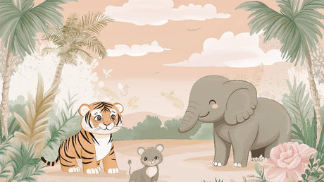 Safari Animals Wallpaper design file showing full pattern with gentle tiger cub, elephant, and butterflies in pastel colors