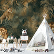 Jungle safari wallpaper with lions and leopard creating a cozy atmosphere in a modern kids bedroom