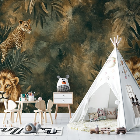 Jungle safari wallpaper with lions and leopard creating a cozy atmosphere in a modern kids bedroom