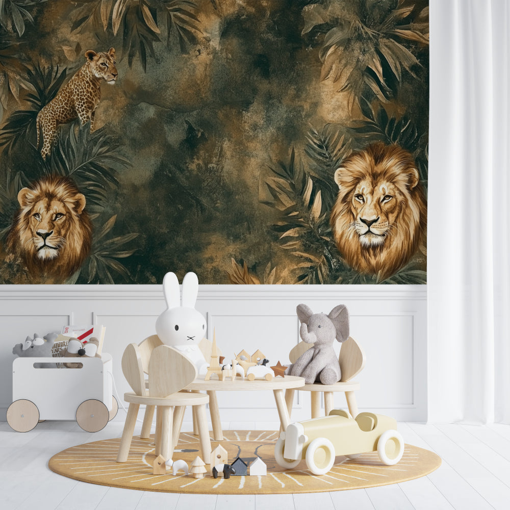 Detailed lion and leopard wallpaper design showcased in a nursery setting