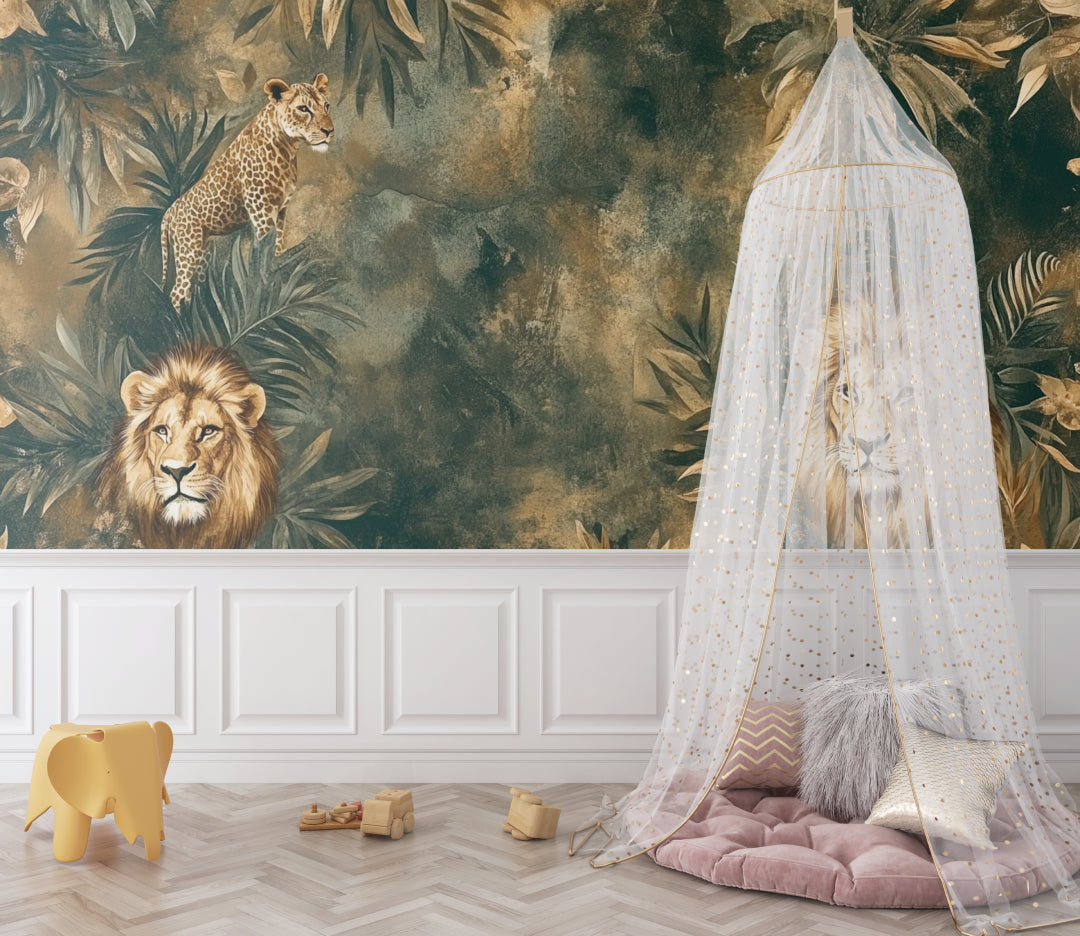 Jungle theme mural with wild animals displayed in a reading corner