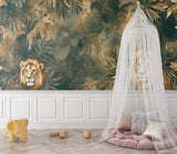 Jungle theme mural with wild animals displayed in a reading corner