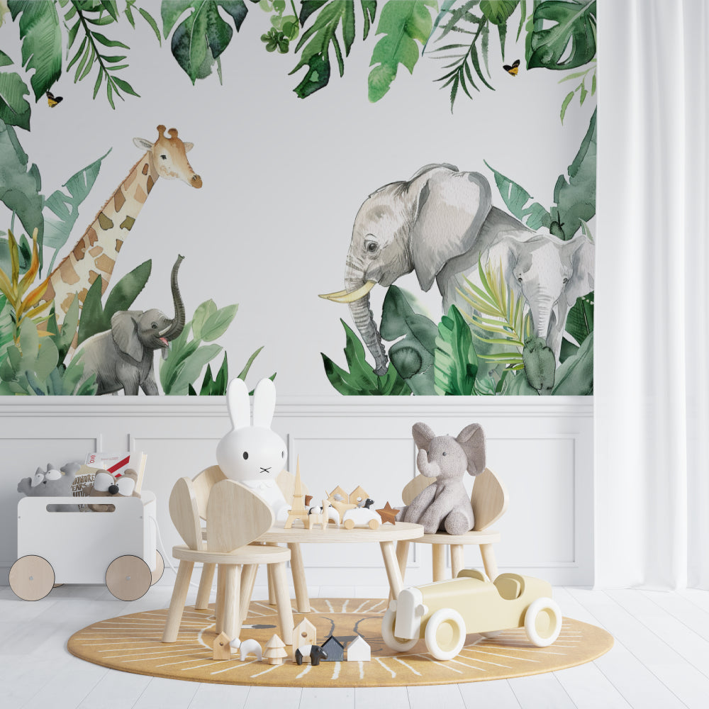 Tropical animals wallpaper displayed in a modern children's reading nook