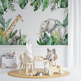 Tropical animals wallpaper displayed in a modern children's reading nook