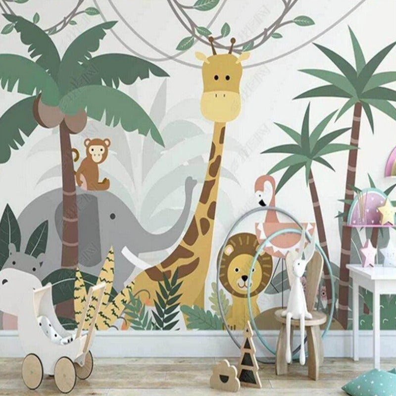 Safari animals wallpaper in cozy nursery with rocking chair and soft lighting, showing playful jungle scene
