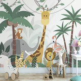Safari animals wallpaper in cozy nursery with rocking chair and soft lighting, showing playful jungle scene