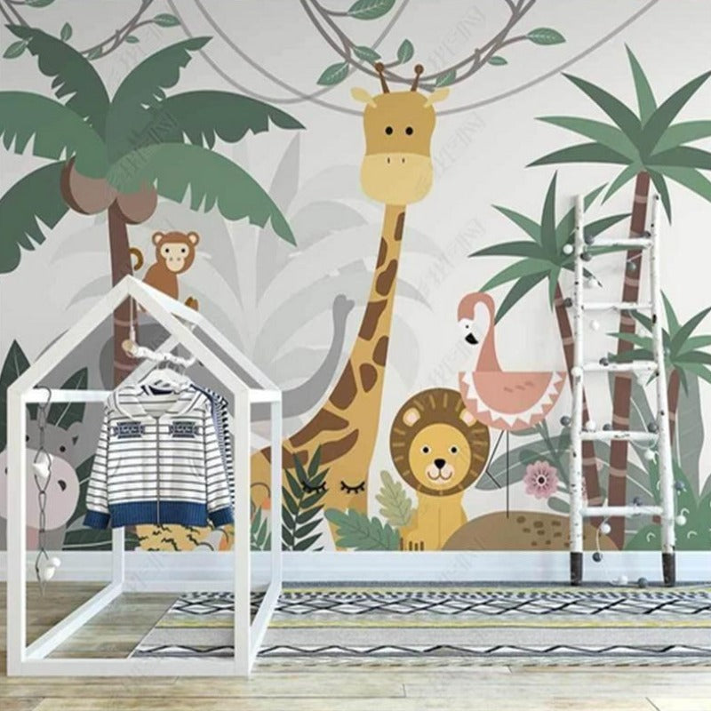 Jungle theme wallpaper in kid's bedroom with reading nook and stuffed animals