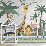 Jungle theme wallpaper in kid's bedroom with reading nook and stuffed animals