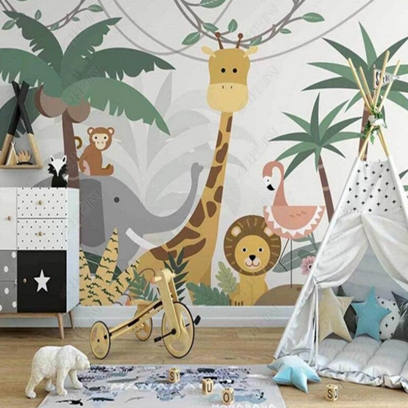Tropical animals mural in modern children's room with natural wood furniture