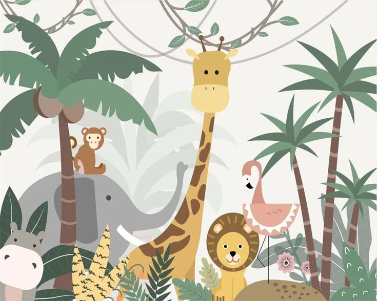 Design file of safari animals wallpaper showing intricate palm tree and wildlife pattern details