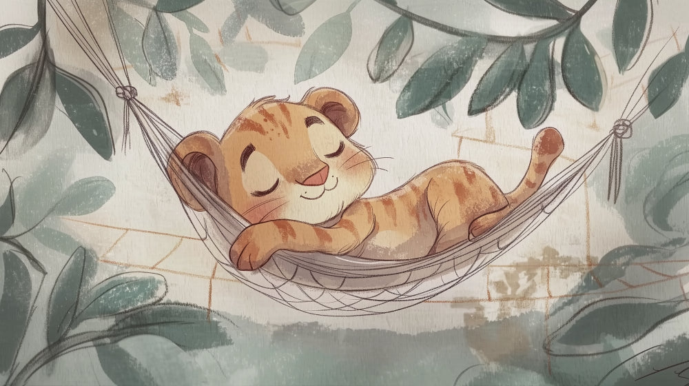 Baby lion sleeping in hammock design file showing detailed watercolor artwork and sage green foliage pattern