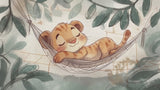 Baby lion sleeping in hammock design file showing detailed watercolor artwork and sage green foliage pattern