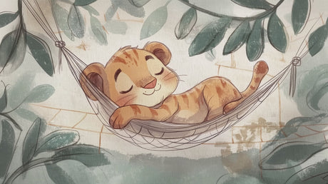 Baby lion sleeping in hammock design file showing detailed watercolor artwork and sage green foliage pattern